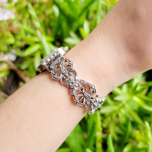 Classic Geneva Quartz Silver Marcasite Cuff Tonneau Barrel Watch - Picture 7 of 9